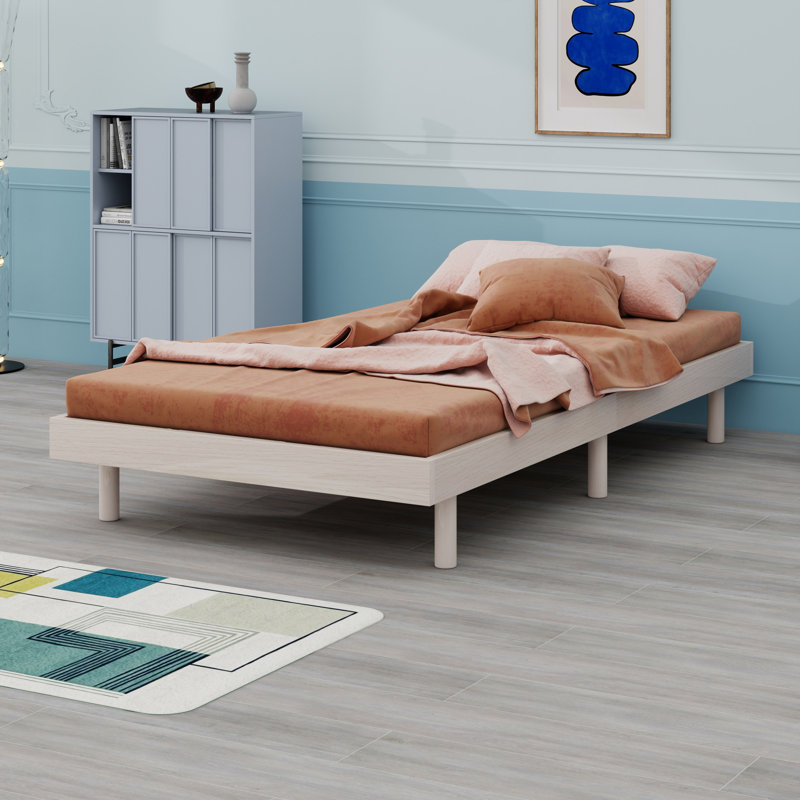 Modern Design Floating Platform Bed Frame, White Washed, Twin