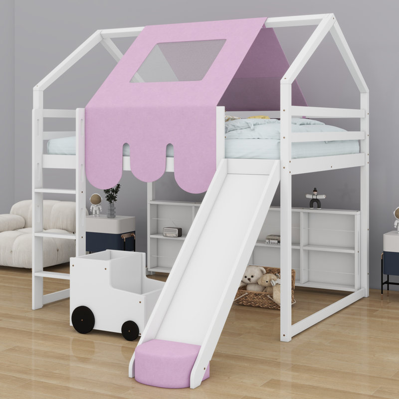 Structure de lit en mezzanine avec tente, Lit double, Blanc / Rose