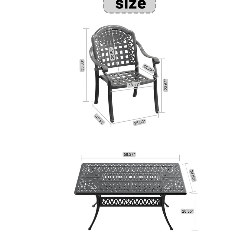 Ensemble de 7 meubles de jardin en aluminium moulé, structure noire, coussins bleus, fabrication traditionnelle, lignes raffinées, grande résistance, design d'espace