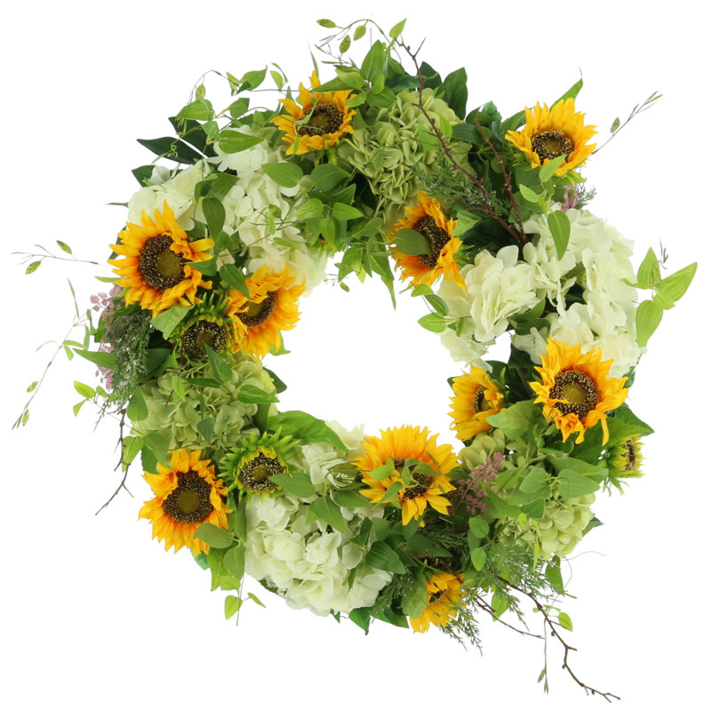 26" Assorted Hydrangeas And Sunflowers Arranged On A Wreath