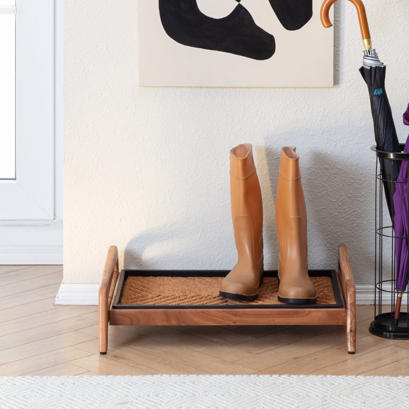 Premium Solid Wood Boot Tray Stand with Natural Coir Mat - Entryway & Mudroom Shoe Organizer, Tier 1, 18.5" W x 26.5" L