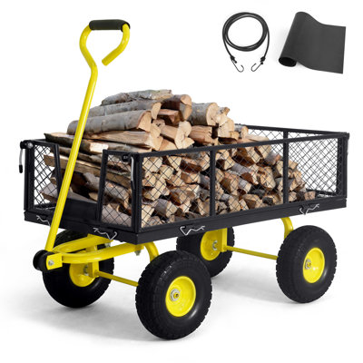 CAPHAUS Metal Garden Cart, w/ 180° Adjustable Yellow Handle, w/ Mat and Strap, 880 lbs Capacity