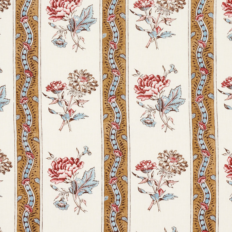 Ariana Floral Stripe Fabric, Brown/Red/Cream