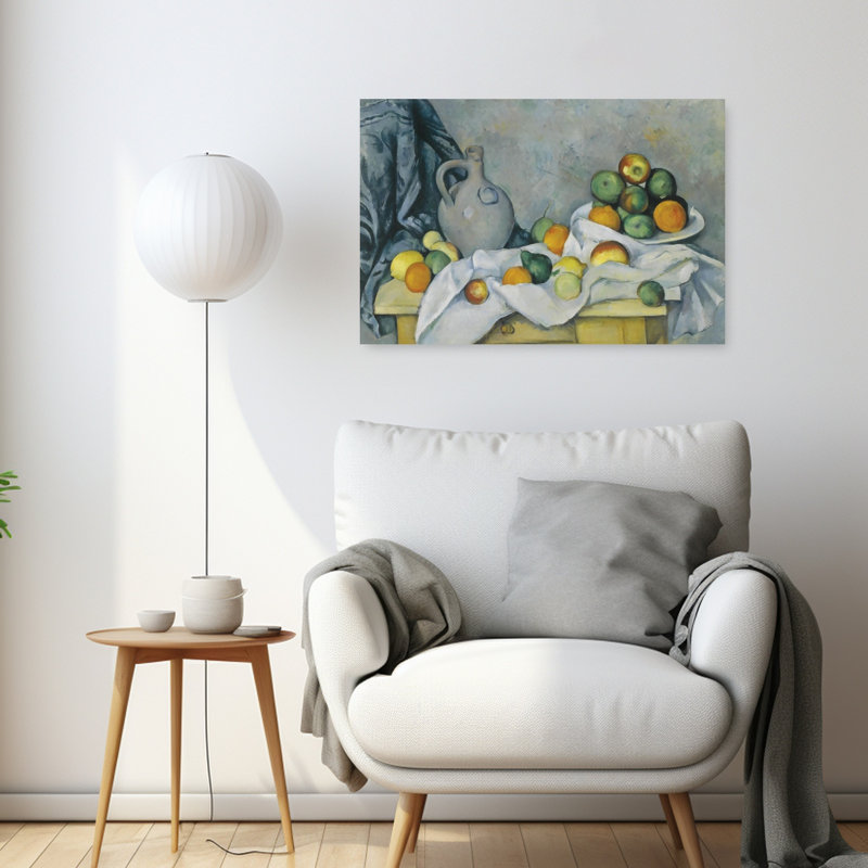 Rideau, cruche et bol de fruits, C., 24" H x 36" W