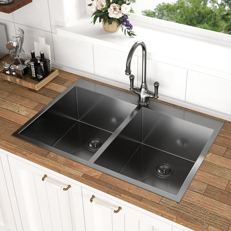 Double Bowl Sink 33X22 - Gunmetal Black, 18 Gauge Stainless Steel, High-Performance 33"X22" Black Kitchen Bowl, Corrosion