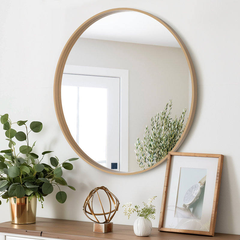 Wood Round Wall Mirror for Bathroom Bedroom Vanity Home Decoration, Natural Wood, 24" x 24"