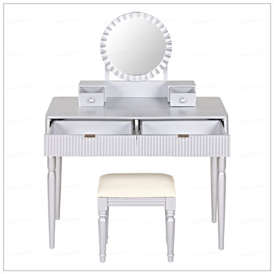 Luxury Vanity Desk with Round Mirror,Height-Adjustable, Stylish Dressing Table Set, 4 Drawers & Stool