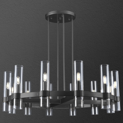 12-light Dimmable Modern 36" Black Wagon Wheel Chandelier With Cylinder Glass