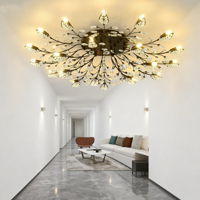 Luminaire de lustre en cristal semi-encastré moderne avec cadre en métal noir à motif de feuilles pour le salon, la salle à manger et la cuisine de la chambre à coucher