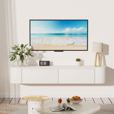 Meuble télé 47 po pour téléviseur de 55 po ou moins, meuble télé mural avec armoires de rangement, consoles blanches pour salon, chambre à coucher