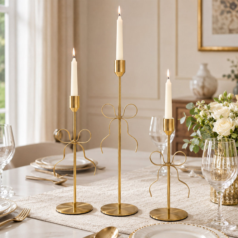 Ensemble de 3 porte-bougies Gold Bow