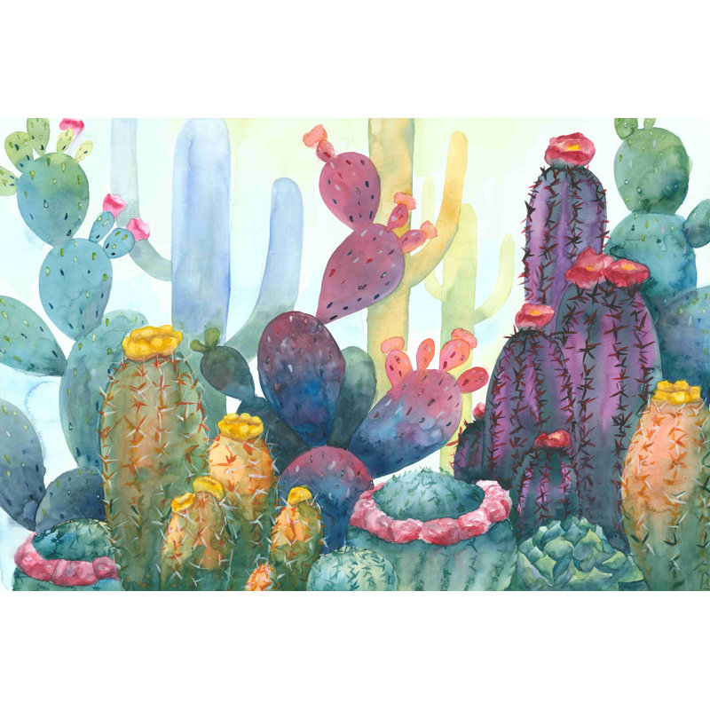 Cactus en fleurs colorés - peinture sur toile tendue, H 24 po x l 36 po