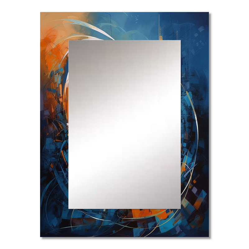 Orange And Blue Geometric Equilibrium IV - Geometric Decorative Wall Mirror, Blue Mirror, Printed Metal Art, 32" x 24"