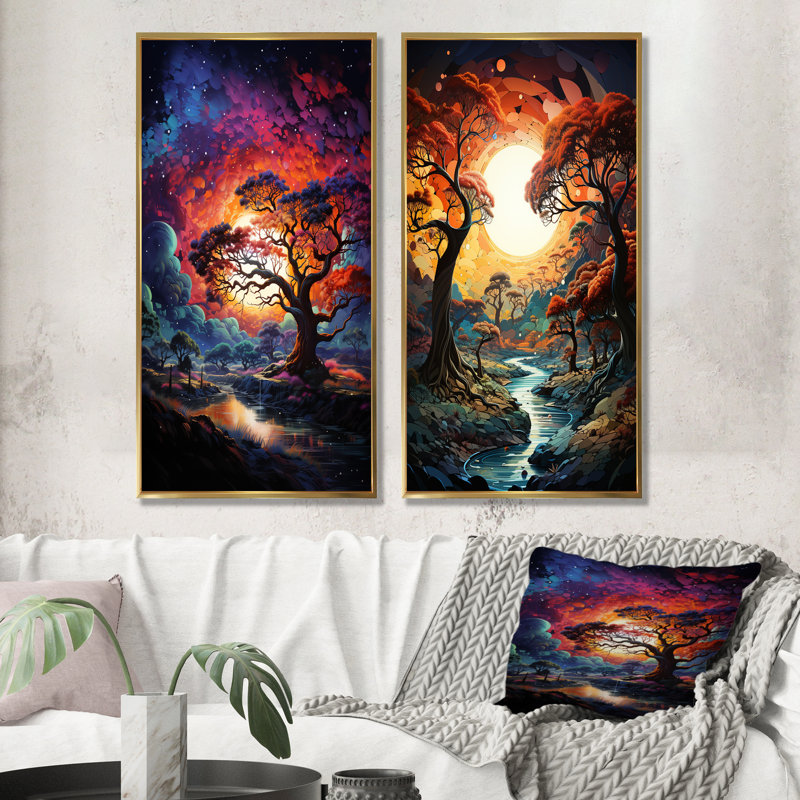 Baobab africain, teintes cosmiques - ensemble d'art mural sur toile arbre baobab de 2, Cadre flottant doré, H 40 po x l 41 po