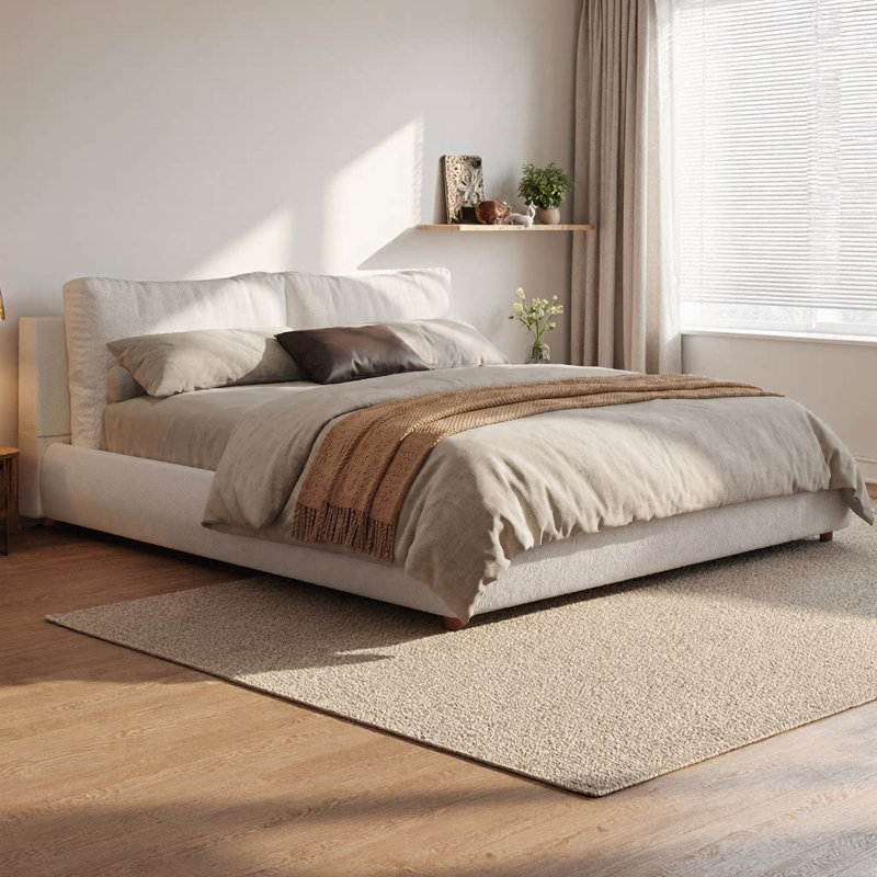 Upholstered Platform Bed Frame with Two Removable Pillow Headboard, Soft Boucle Fabric, Solid Wood Legs, Modern Minimalist Design, No Box Spring Needed, Easy Assembly, Off White