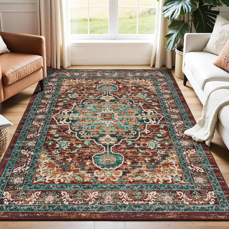 Tapis oriental antidérapant Boho, Rectangle 5 pi x 7 pi, Brun / Beige / Gris