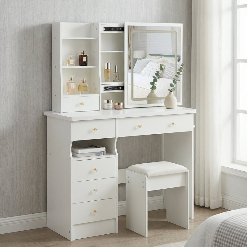 Vanity Desk Set with LED Sliding Mirror & Cushioned Stool, Dresser Set with 2 AC+2 USB Outlets & Hair Dryer Holder, Touch Control 3-Color Light for Bedroom