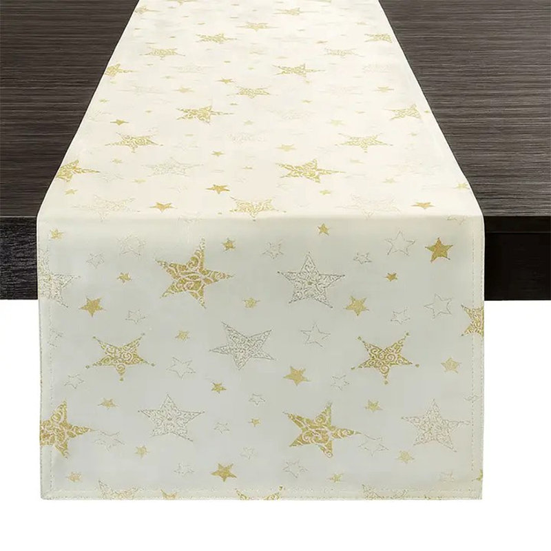 Ivory Embroidered Metallic Gold Star Table Runner, 54" x 16"