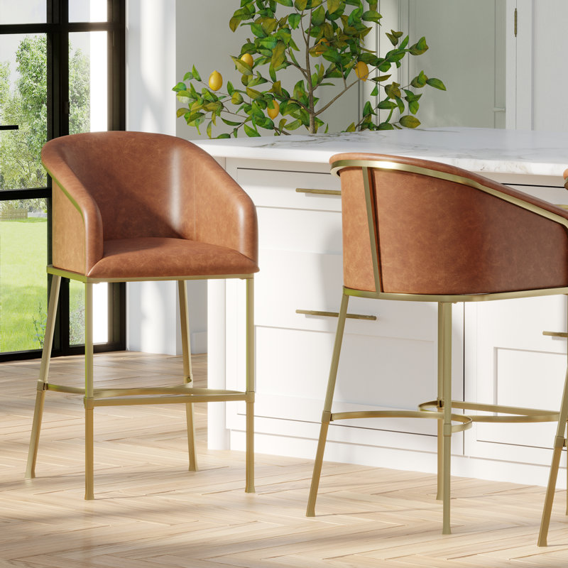 Hampton Hampton Tabouret de bar moderne, similicuir brun tabac avec structure en acier doré, Brun