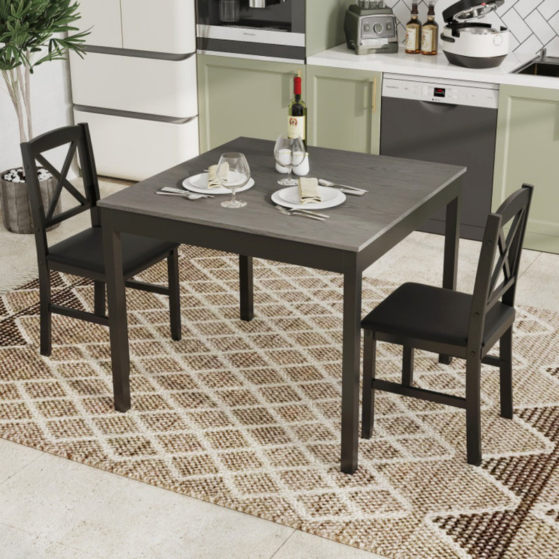 3-Piece Dining Table Set Wooden Square Kitchen Table for 2 People, Gray