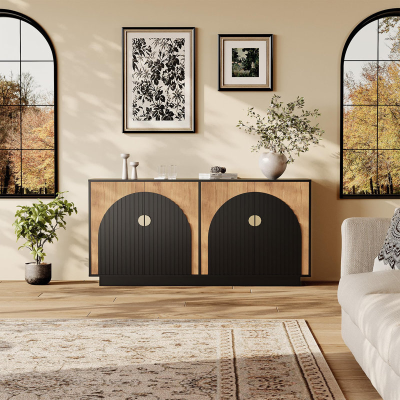 63" Modern Fluted Sideboard Buffet Cabinet with Storage, Coffee Bar & Wine Bar Console for Dining Room, Black