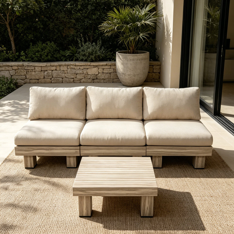 Ensemble de conversation d'extérieur en grain de bois et aluminium avec coussins beiges pour 3 personnes Choi