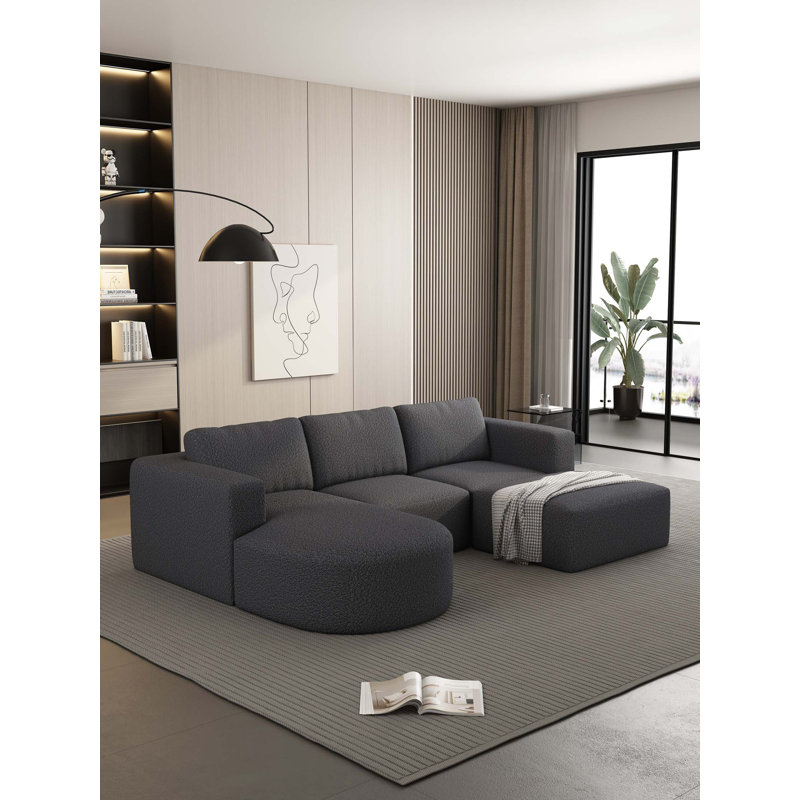 Modular U-Shaped Sectional Sofa With Ottoman And Sleeper Function, Dark Grey Fabric