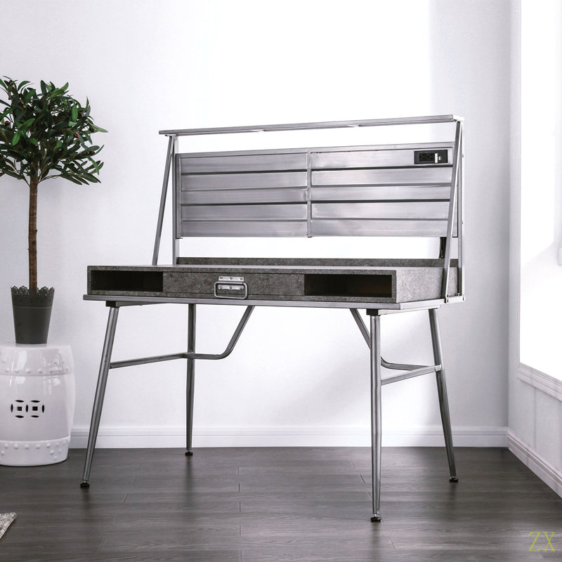 Bureau d'ordinateur moderne moderne avec port USB, un tiroir et deux tablettes avec pieds en métal