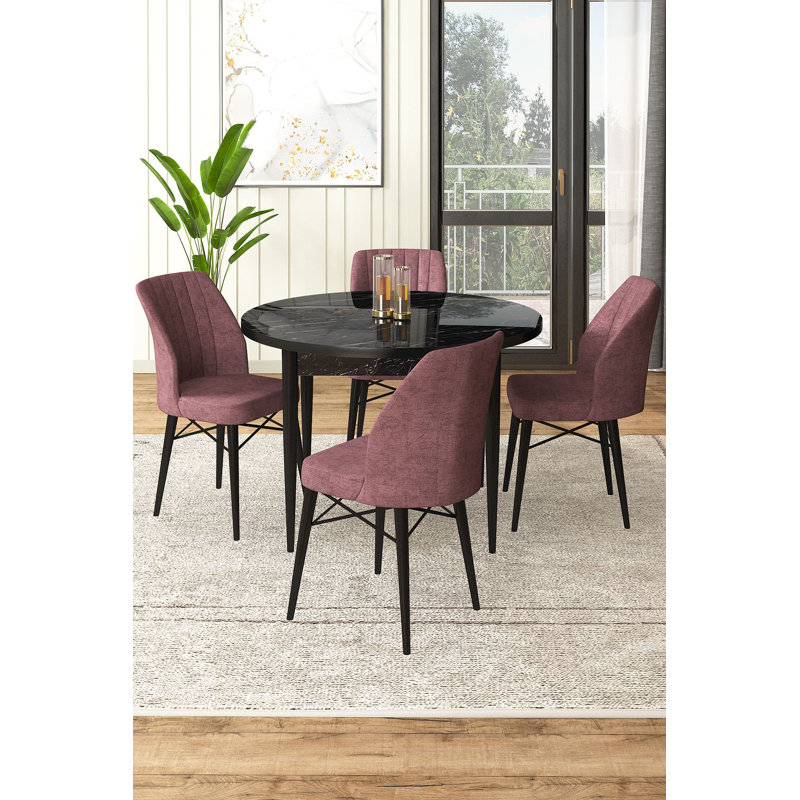 Ensemble de table et chaises de salle à manger moderne 5 pièces, marbre noir et rose cendré | Table en carton 100% mélaminé, table: 35,4 po x 29,5 po x 35,4 po | Chaises: 17,7 po x 36,6 po x 16,5 po | Coussins en mousse confortables, design élégant et durable