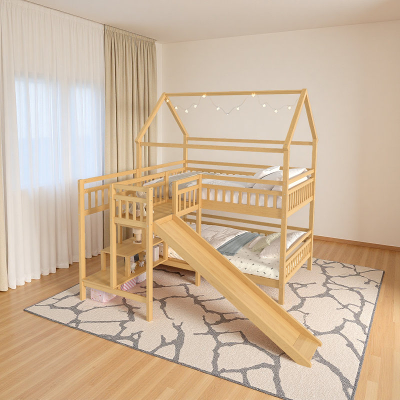 Lit superposé avec glissade en forme de maison, lit de jeu avec escalier de rangement, deux méthodes de placement, conception silencieuse