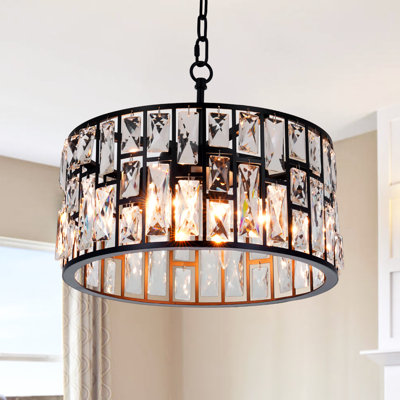 4-Light 15.7" Dimmable Drum Chandelier, Black Farmhouse K9 Crystal Pendant Light for Kitchen Island, Dining Room