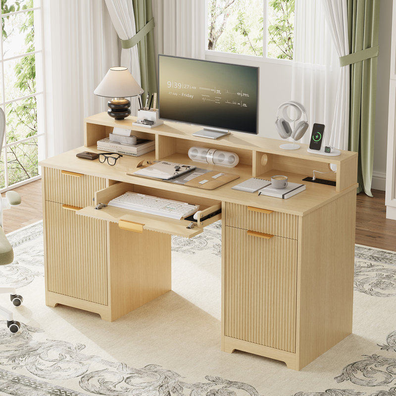 59" Home Office Desk with Charging Station, Fluted Computer Desk With Keyboard Tray & Adjustable Shelves, Executive Desk For Study, Living Room, Bedroom