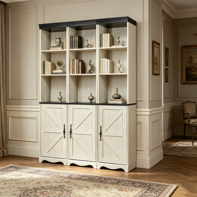 Ensemble d'armoires de rangement modulaires 3 pièces, bibliothèque haute en bois aggloméré avec portes de grange, tablettes ouvertes et armoires de rangement réglables pour le salon, le bureau et le bureau