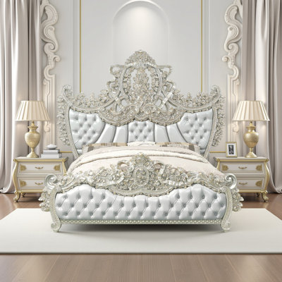 Lit très grand Dove, similicuir beige sculpté victorien, or champagne