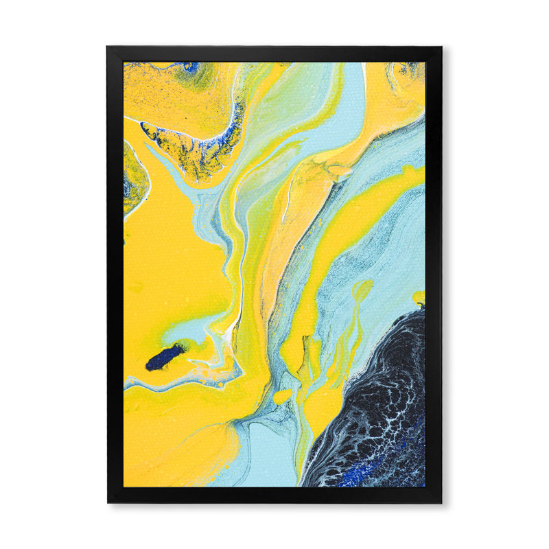 Art de marbre bleu foncé et jaune V - œuvre d'art moderne et contemporaine sur toile, Impression noire sur toile encadrée