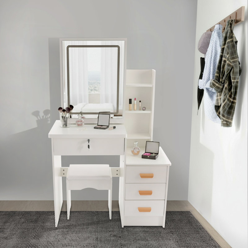 Petit meuble-lavabo blanc avec miroir et lampe de maquillage compacte à lumière DEL avec éclairage à intensité variable 3 couleurs et 4 tiroirs avec tabouret de chambre