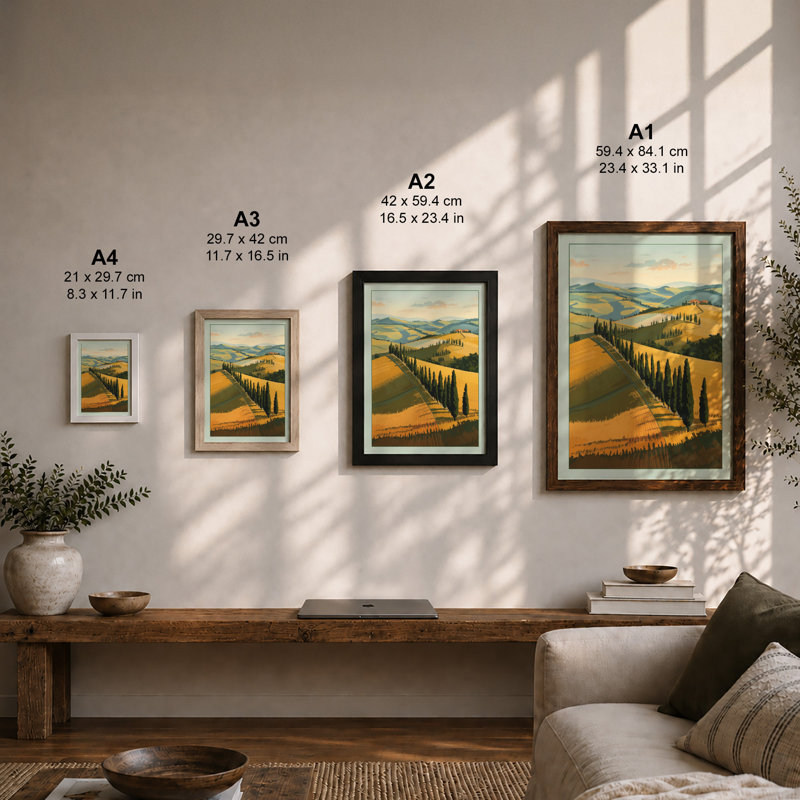 Tuscan Hillside Rustic - Framed Print, A4 - 29.7 x 21.0 cm, Oak
