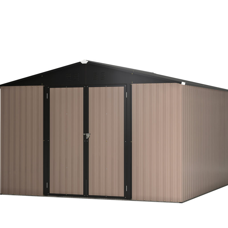 Remise de rangement en métal brun 10 pi x 10 pi, avec porte verrouillable et ventilation pour outils de jardin, ventilation, jardin, cour, patio