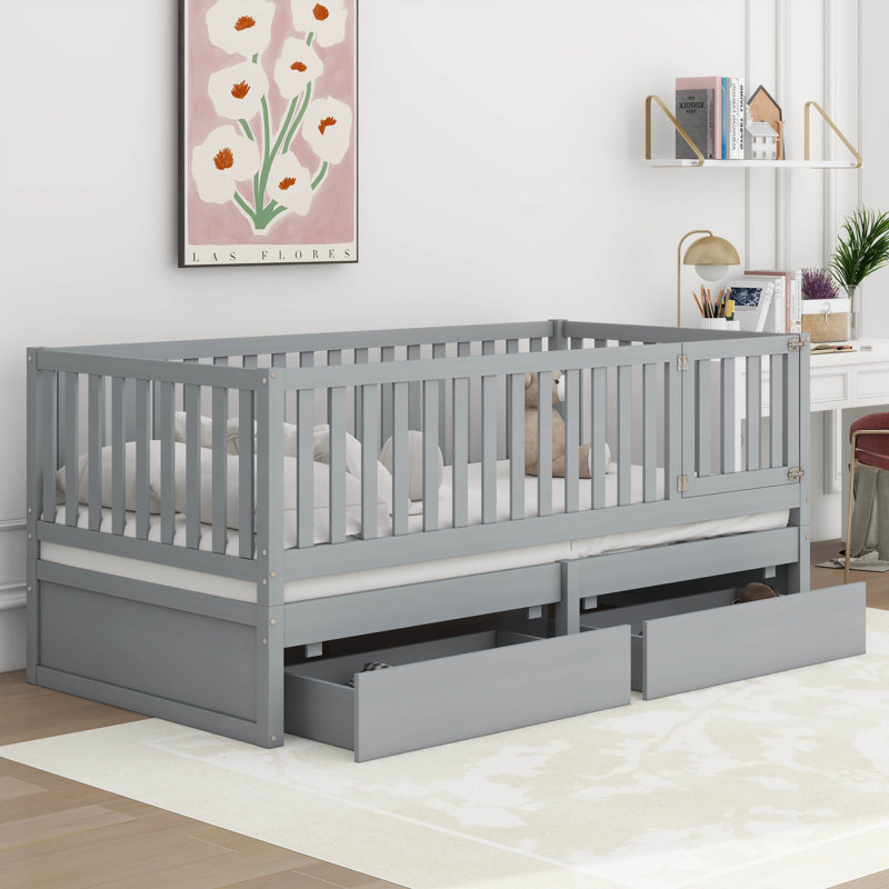 Ivann Wood Daybed with Fence Guardrails and 2 Drawers, Split into Independent Floor Bed & Daybed, Twin, Gray