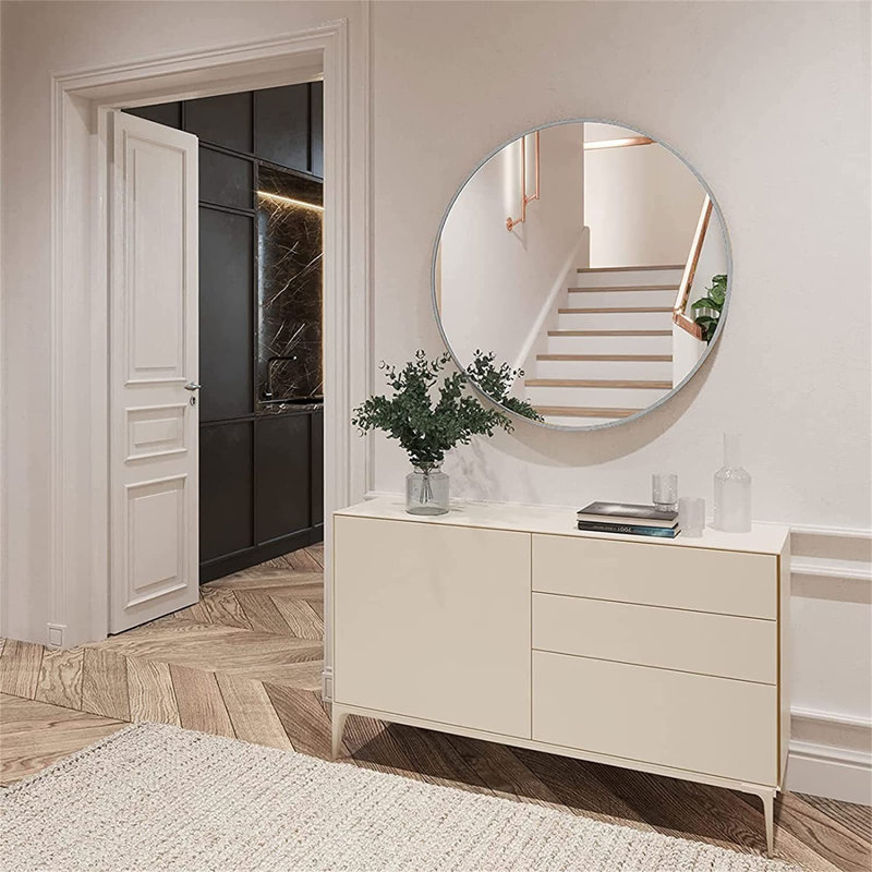 Baum Nordic Round Bathroom Framed Mirror Wall Hanging, 45.7cm H x 45.7cm W, Silver