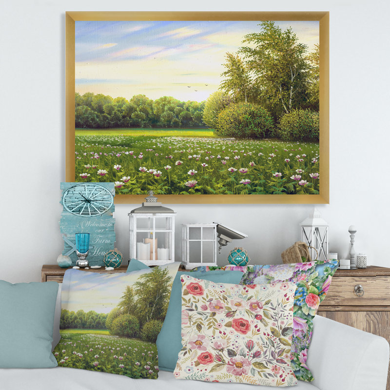 Printemps des arbres par les prés - Peinture sur toile, H 16 po x l 32 po x p 1 po, Cadre doré