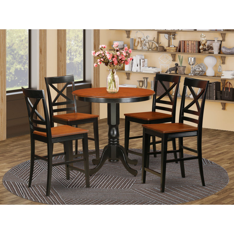 5 Piece Counter Height Dining Table Set Includes a Round Kitchen Table with Pedestal and 4 Dining Room Chairs, Black & Cherry