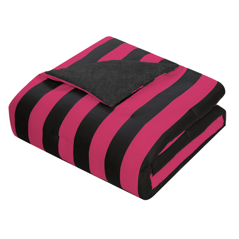 Juicy Couture Cabana Stripe Comforter Sets, Twin/Twin XL Comforter + 1 Sham + 3 Throw Pillows, Black/Hot Pink