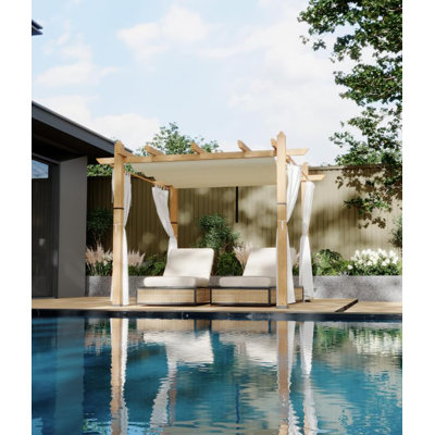 Pergola extérieure 10 x 13 pi avec auvent rétractable, pavillon de jardin en aluminium avec moustiquaire, poteaux à grain de bois pour terrasse