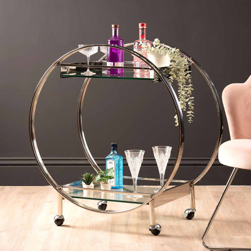 96cm 2 Tier Tea Wine Serving Bar Cart, Metal Kitchen Drinks Trolley on Wheels with Glass Shelf, Silver