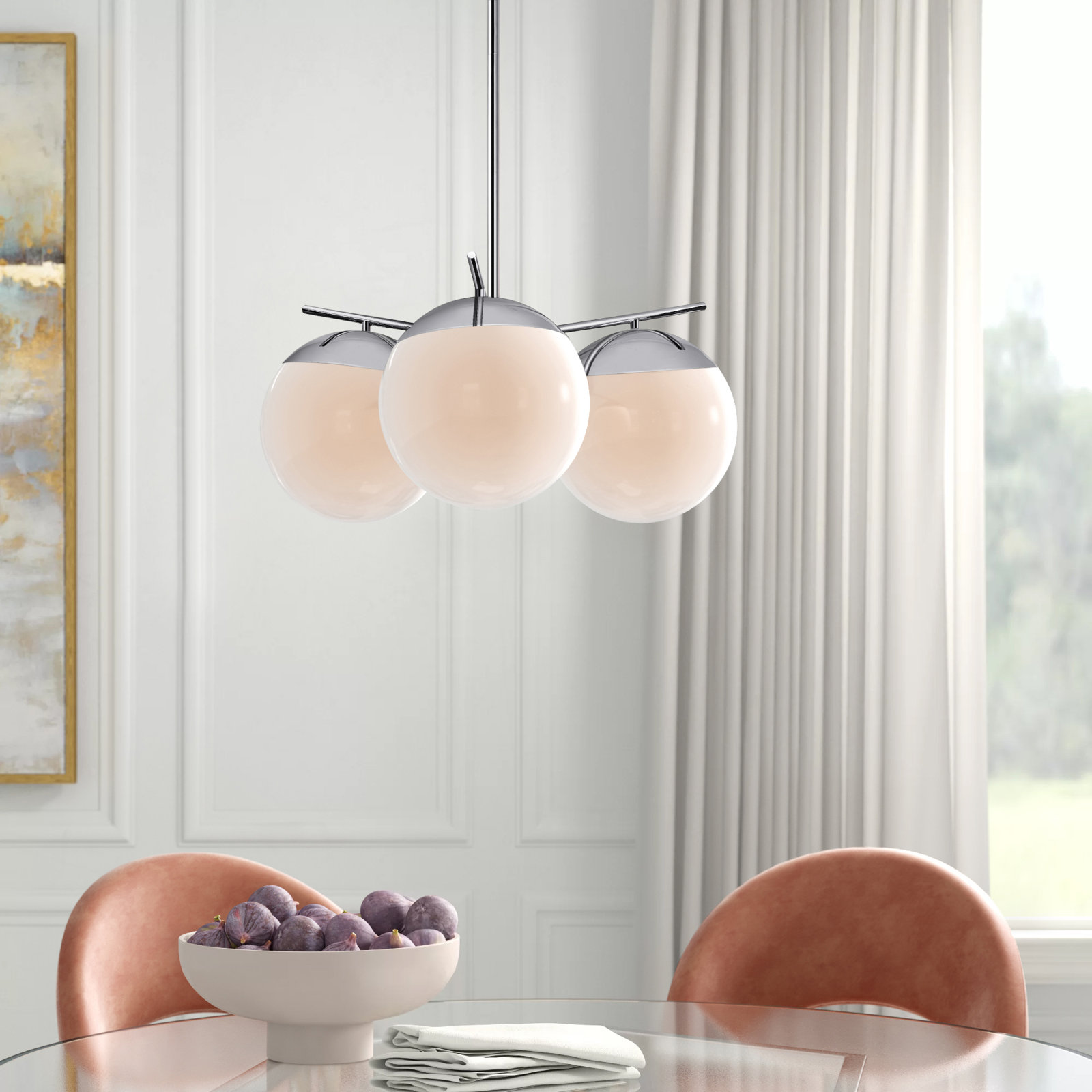 Yearby 3-Light Dimmable Globe Chandelier, Brass, Frosted White