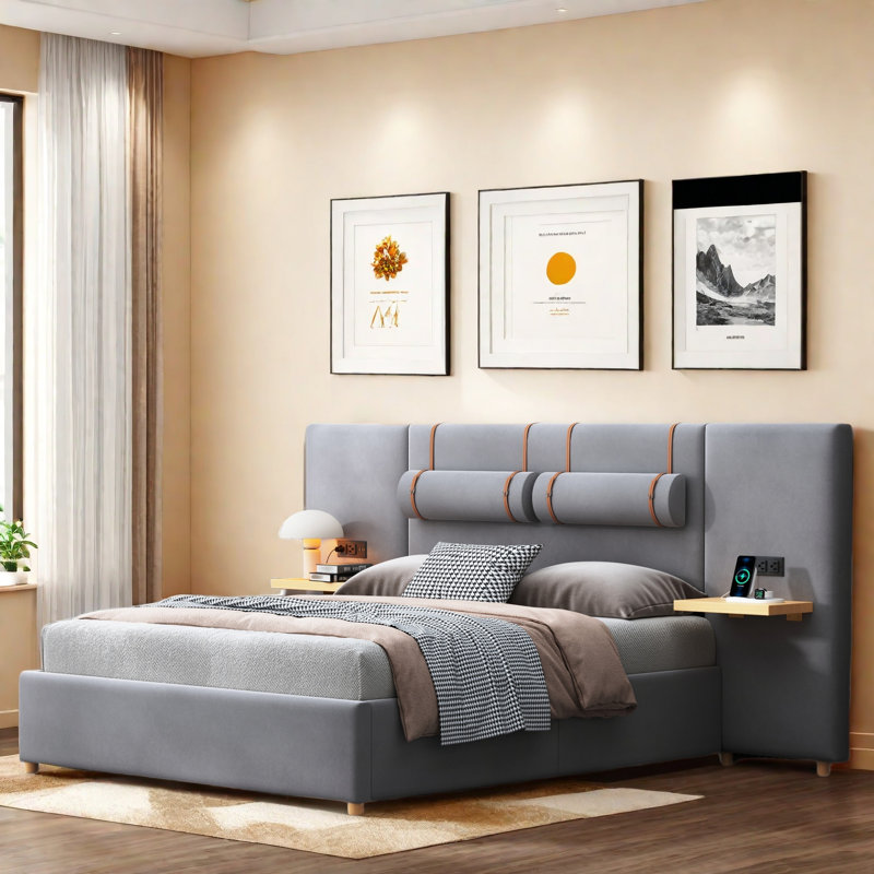 Lit plateforme tapissier avec deux coussins de chevet, tablettes de rangement, deux prises et USB, Gris, Grand lit