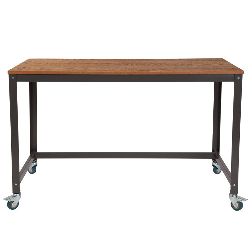 Coventry Computer Table and Desk in Brown Oak Wood Grain Finish with Metal Wheels