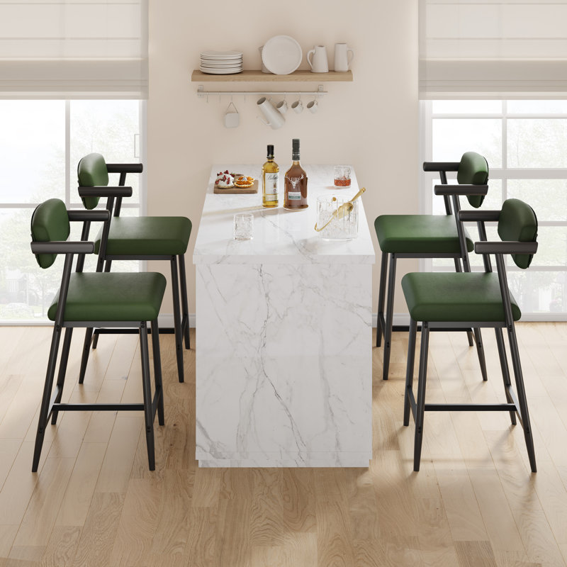 Set of 2 Bar Stools with Arms, Upholstered Wider Seat & Back, Modern Counter Stools with Footrest for Kitchen Island, Green