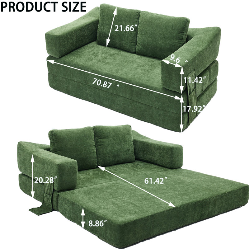 Upholstered 71'' Sleeper Sofa, Green Fabric